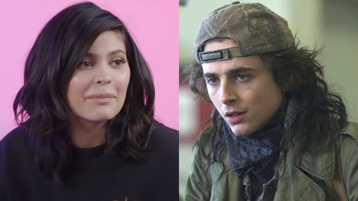 In side-by-side images, Kylie Jenner is shown in front of a pink background during a GQ interview, and Timothee Chalamet is shown in a Netflix press image in a scene from Don&#039;t Look Up.