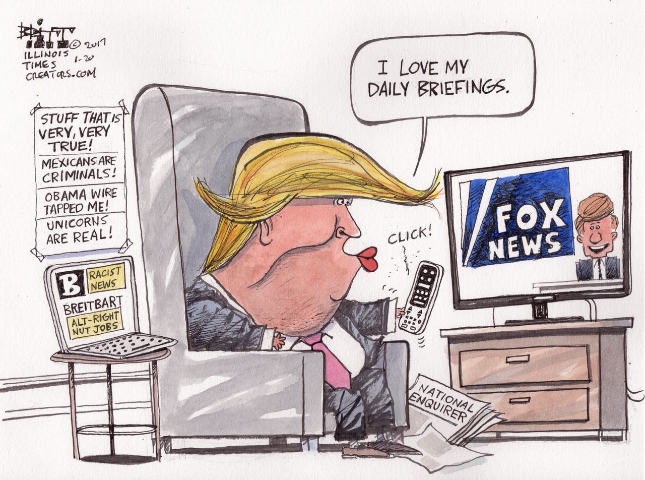 Political cartoon U.S. President Trump Daily Briefing Fox News Breitbart fake news