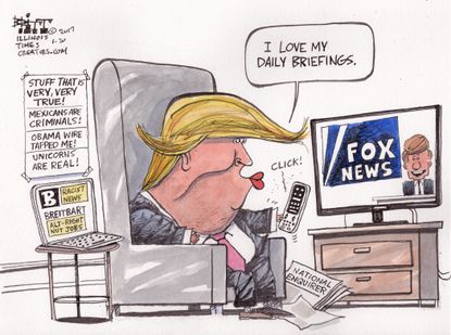 Political cartoon U.S. President Trump Daily Briefing Fox News Breitbart fake news