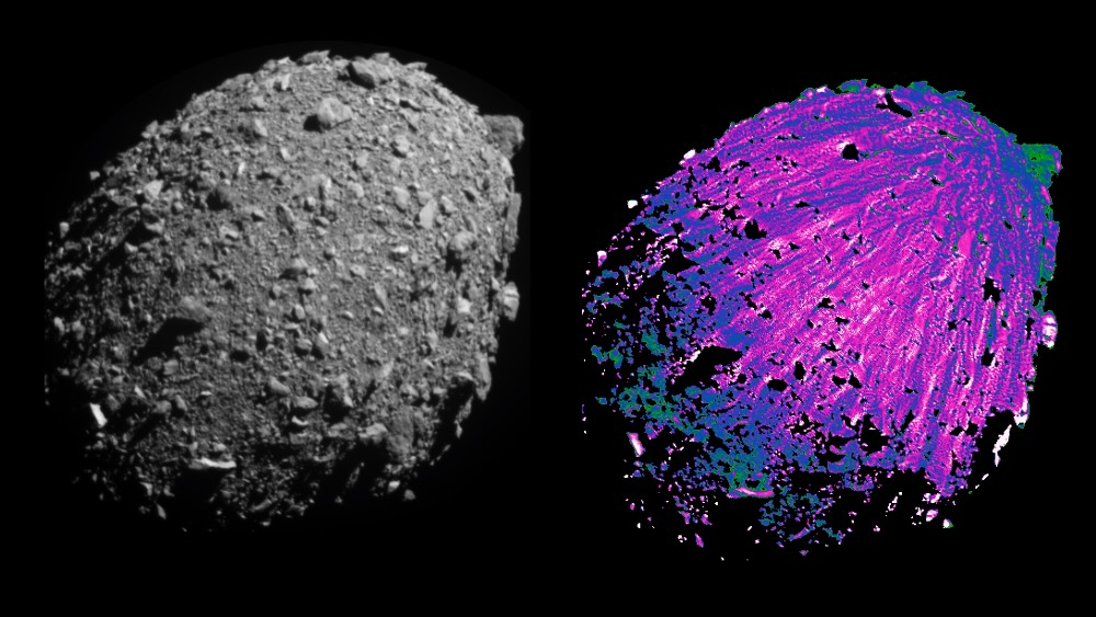 two side-by-side close-ups of the same asteroid in the vastness of space. on the left is a black and white naturalistic view of space mountain. on the right, the same asteroid is colored purple to show off a series of fan-shaped streaks on its surface