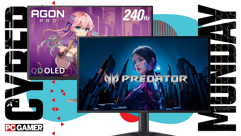 Two monitors on a blue Cyber Monday background.