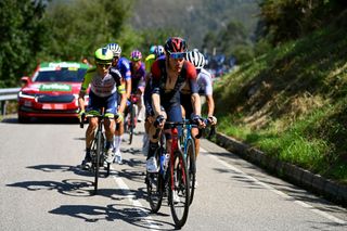 LES PRAERESNAVA SPAIN AUGUST 28 Dylan Van Baarle of Netherlands and Team INEOS Grenadiers competes in the breakaway during the 77th Tour of Spain 2022 Stage 9 a 1714km stage from Villaviciosa to Les Praeres Nava 743m LaVuelta22 WorldTour on August 28 2022 in Les Praeres Nava Spain Photo by Tim de WaeleGetty Images