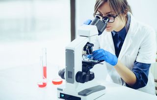 A scientist looks through a microscope.