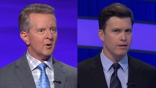Side by side: Ken Jennings in gray suit and light blue tie hosting Jeopardy!, Colin Jost in dark suit hosting Pop Culture Jeopardy!