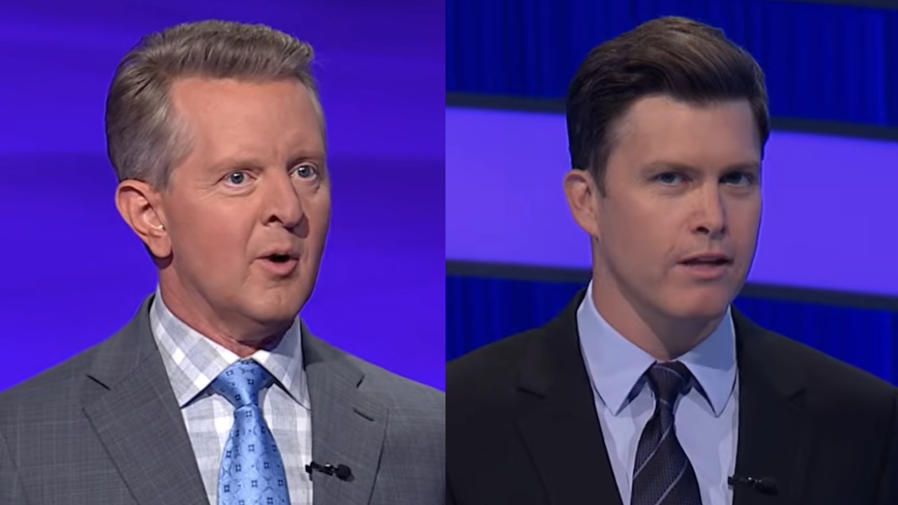Side by side: Ken Jennings in gray suit and light blue tie hosting Jeopardy!, Colin Jost in dark suit hosting Pop Culture Jeopardy!