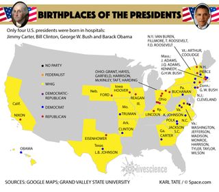Map shows home towns of U.S. presidents.