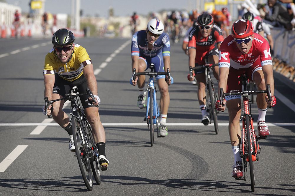 Alexander Kristoff (Katusha) beats Mark Cavendish (Dimension Data) in the stage 2 sprint at Tour of Qatar