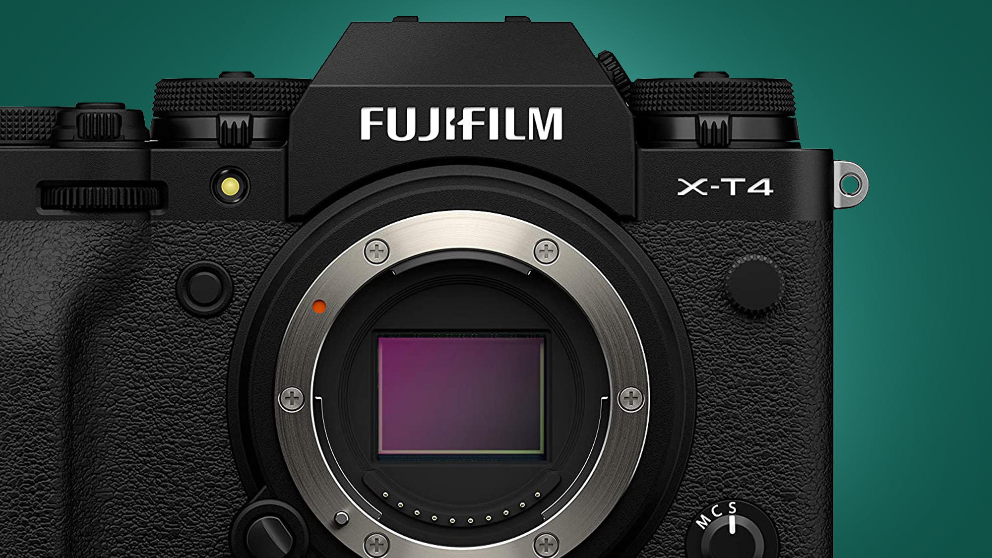The Fujifilm X-T4 on a green background