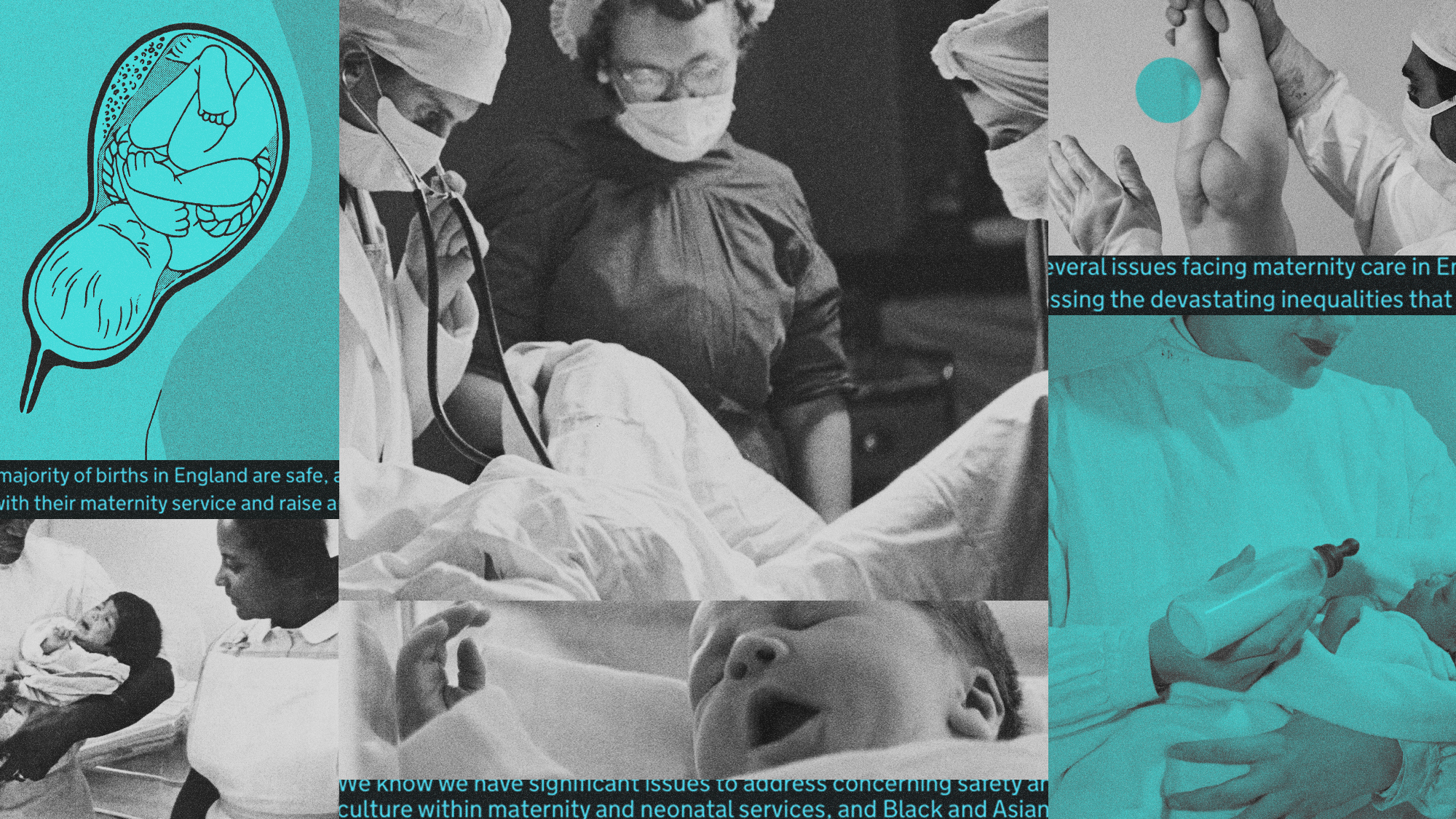 Photo composite illustration of midwives, doctors, mothers and babies