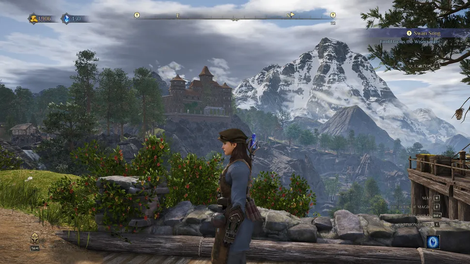 Персонаж бродит по ландшафту King's Bounty 2 на фоне заснеженной горы.