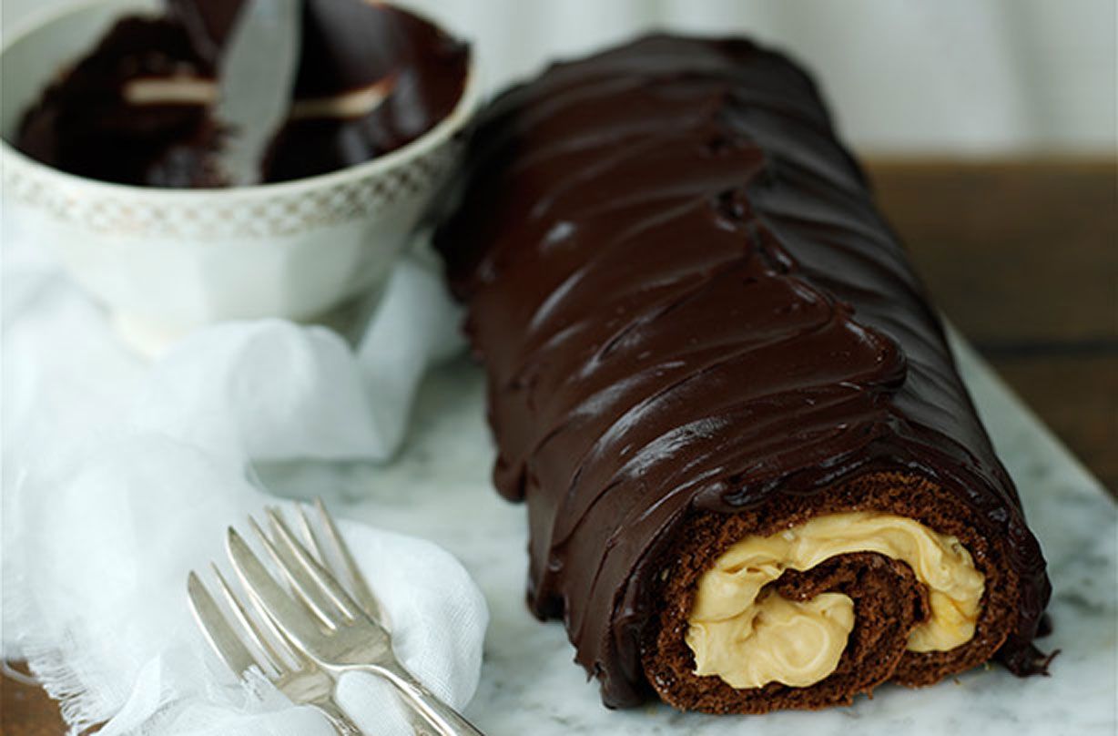 Salted caramel chocolate swiss roll