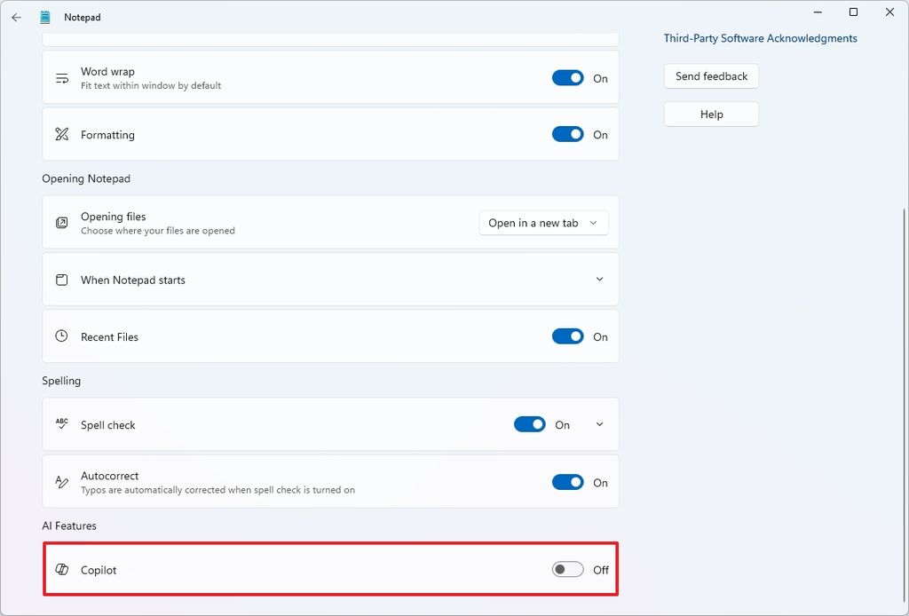 Notepad disable Copilot feature