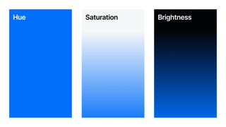 Colour charts showing three different shades of blue with hue, saturation and brightness written on them