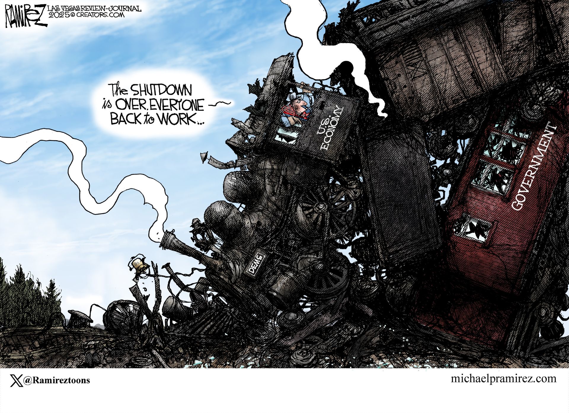 
                                This political cartoon depicts a massive, smoking steam train that has crashed. The engine is labeled “U.S. economy” and the cars are “Government.”  The man driving the train says, “The shutdown is over, everyone. Back to work.”
                            