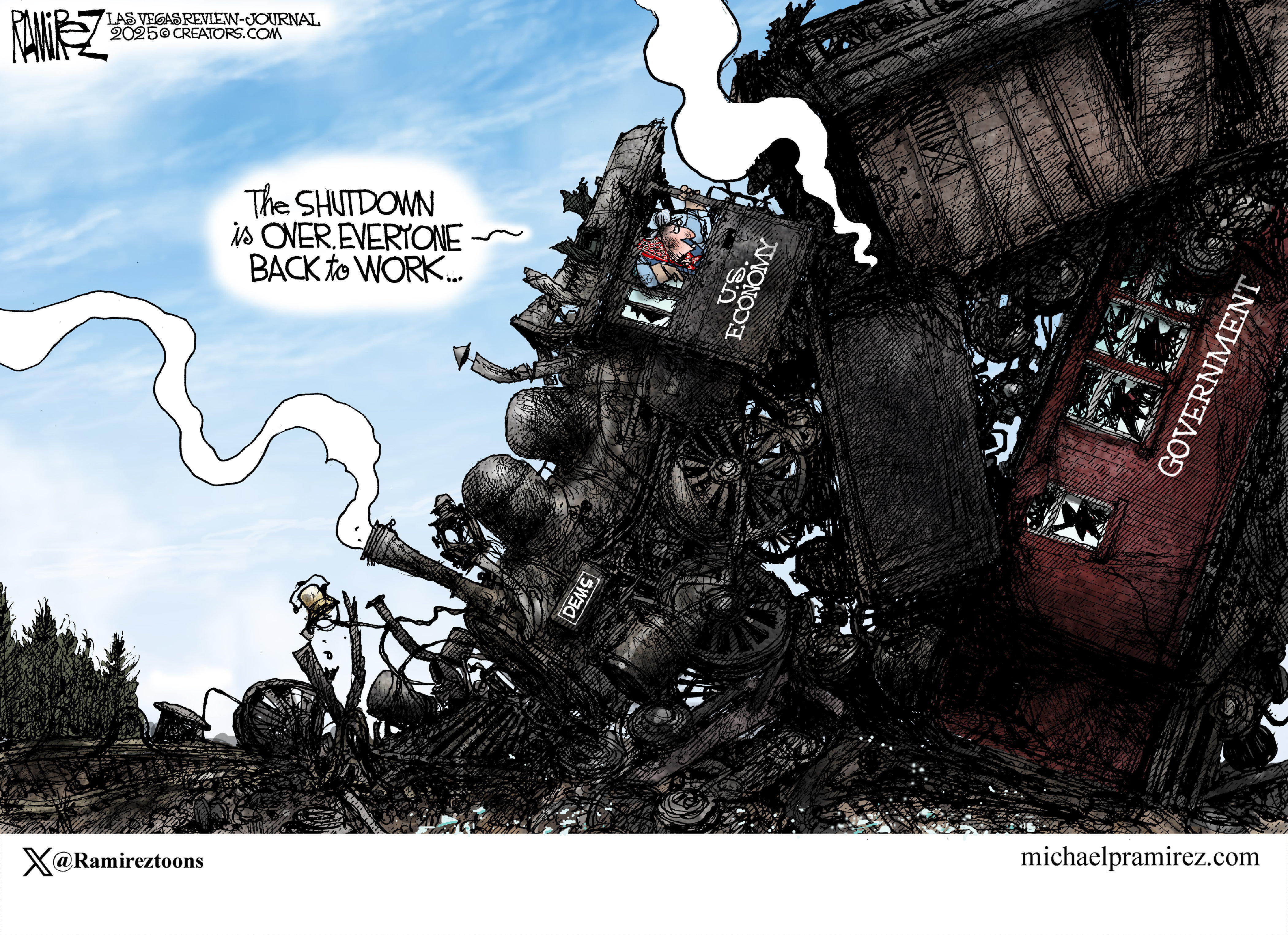 This political cartoon depicts a massive, smoking steam train that has crashed. The engine is labeled &amp;ldquo;U.S. economy&amp;rdquo; and the cars are &amp;ldquo;Government.&amp;rdquo; The man driving the train says, &amp;ldquo;The shutdown is over, everyone. Back to work.&amp;rdquo;