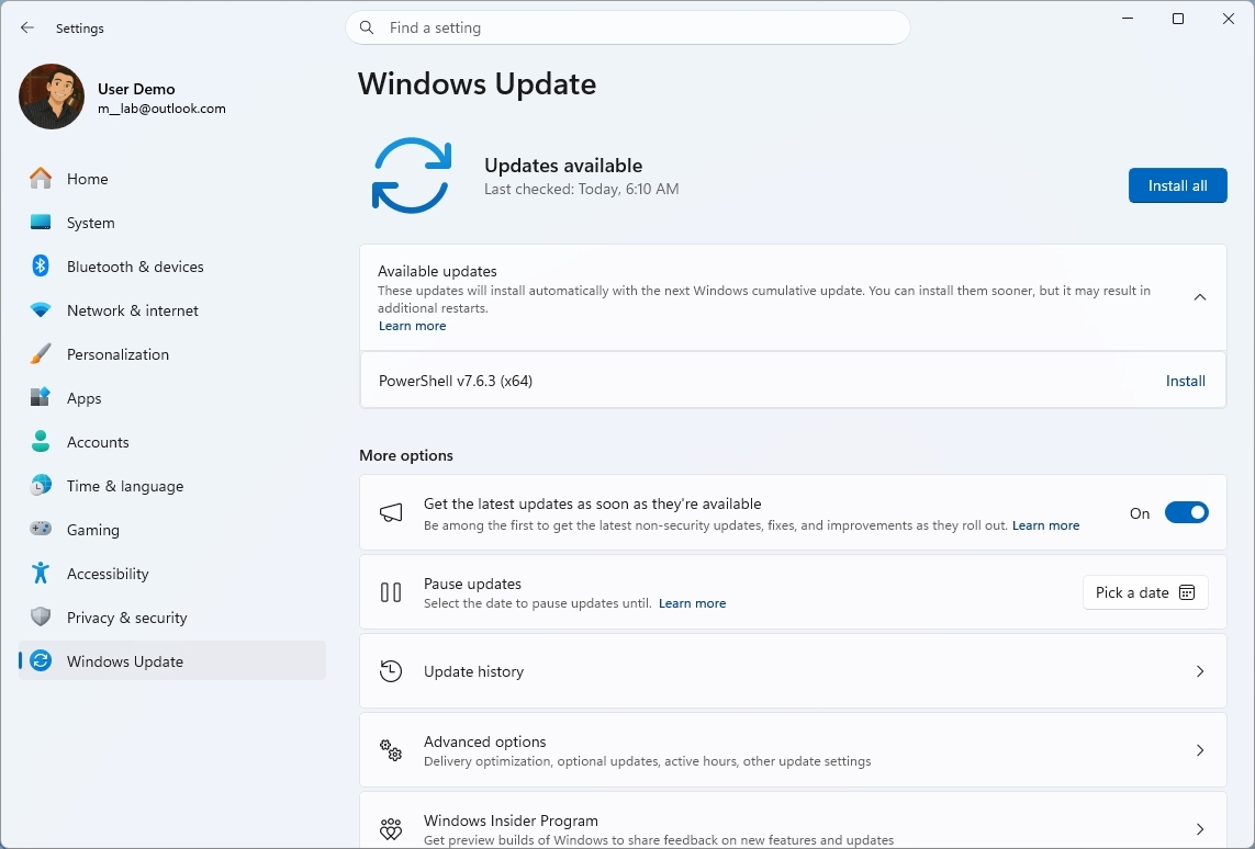 Windows 11 Settings app showing the Windows Update settings page.