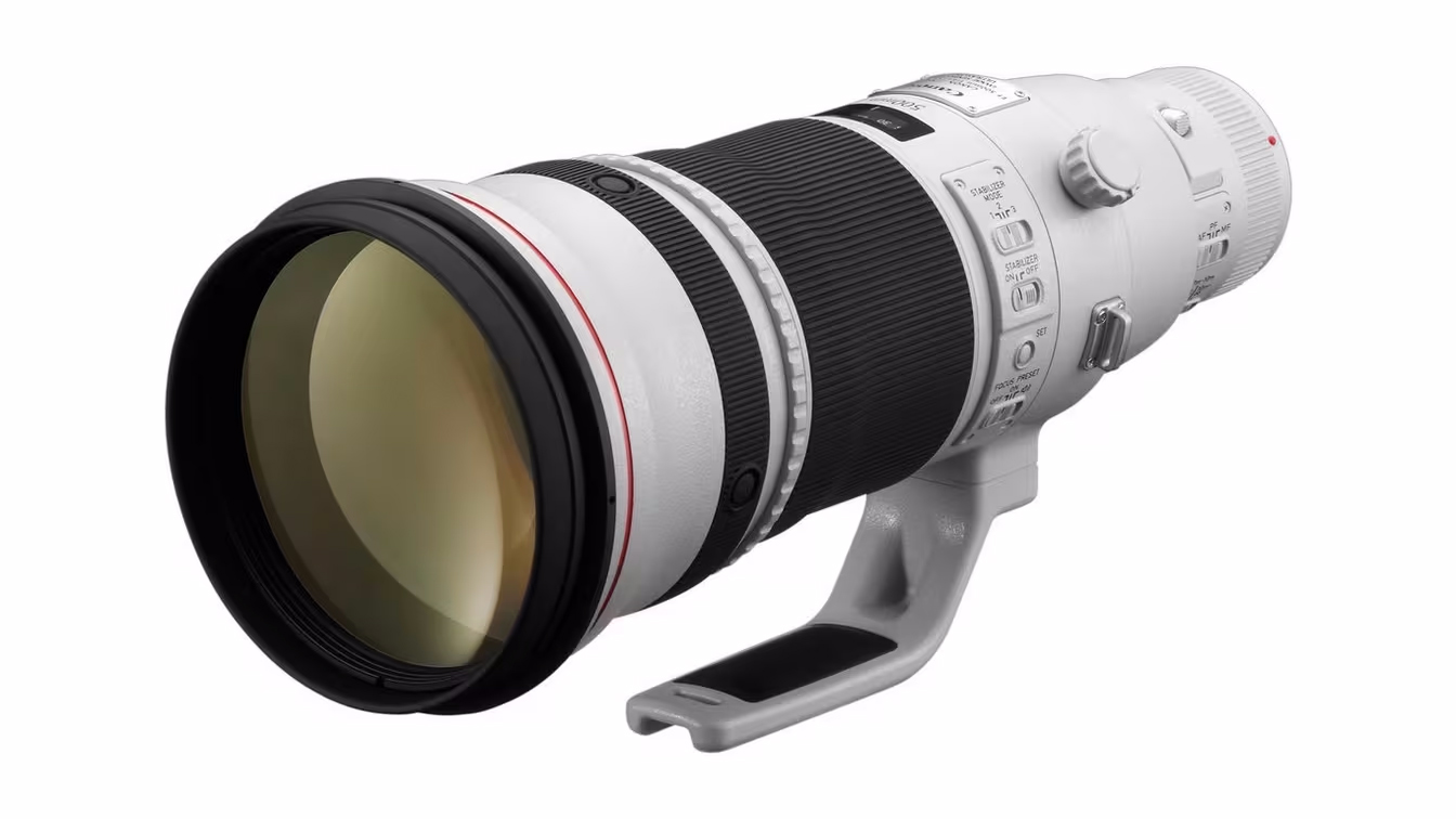 Canon EF 500mm f/4L IS II USM lens side view, in front of a white background