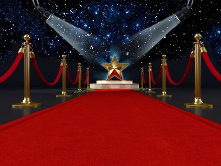 Red carpet with a star shape on the platform lit by two spotlights.