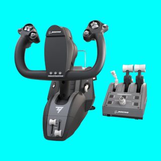 The Thrustmaster TCA Yoke Pack Boeing Edition on a light blue background