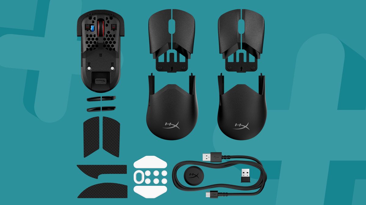 HyperX Pulsefire Saga Pro gaming mouse and components on a blue background