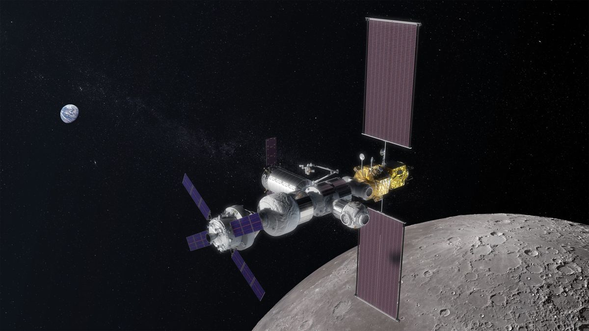 Artist concept of NASA&#039;s Lunar Gateway, intended to provide astronauts unfettered access to the moon&#039;s surface. 