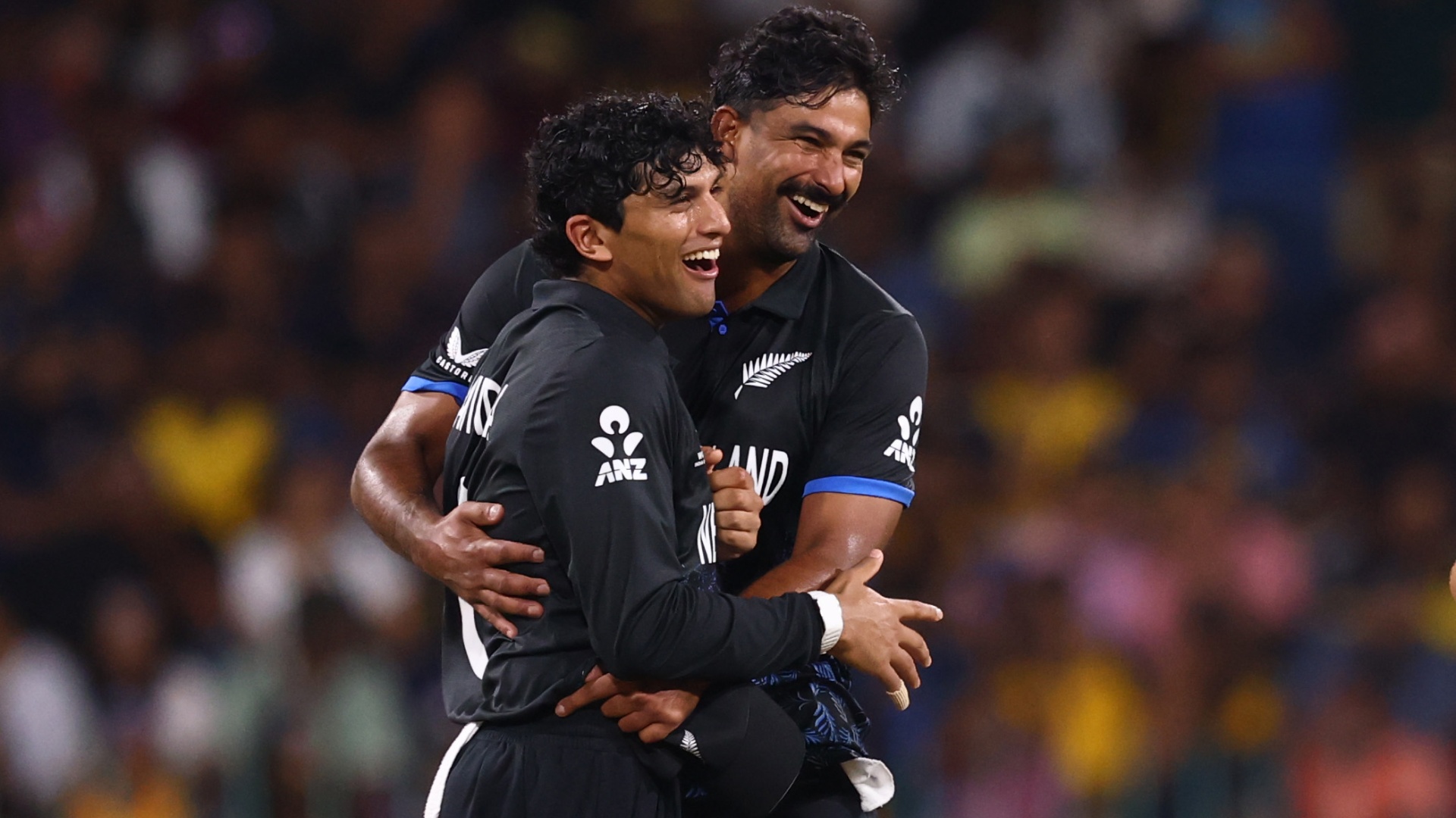 New Zealand's Rachin Ravindra and Ish Sodhi celebrating at the 2026 T20 World Cup