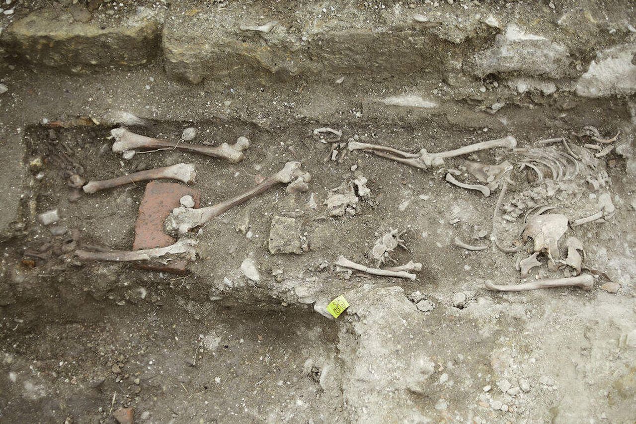 A photo of a grave with bones in it