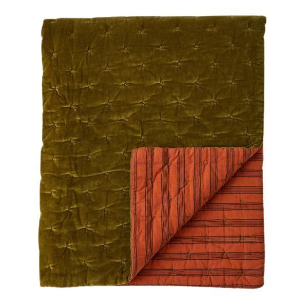 TOAST, Stripe Back Cotton Velvet Quilt | Golden Olive/burnt Ginger