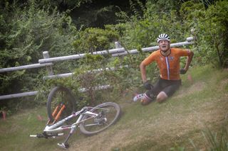 Mathieu van der Poel (Netherlands) after crashing in the Tokyo Olympics MTB event