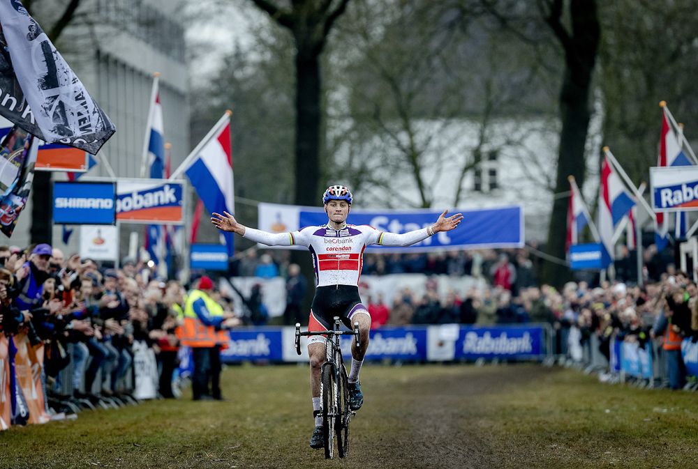 Mathieu van der Poel reacts as he finishes first at the Dutch national championship cyclocross cycling race in Sint-Michielsgeste