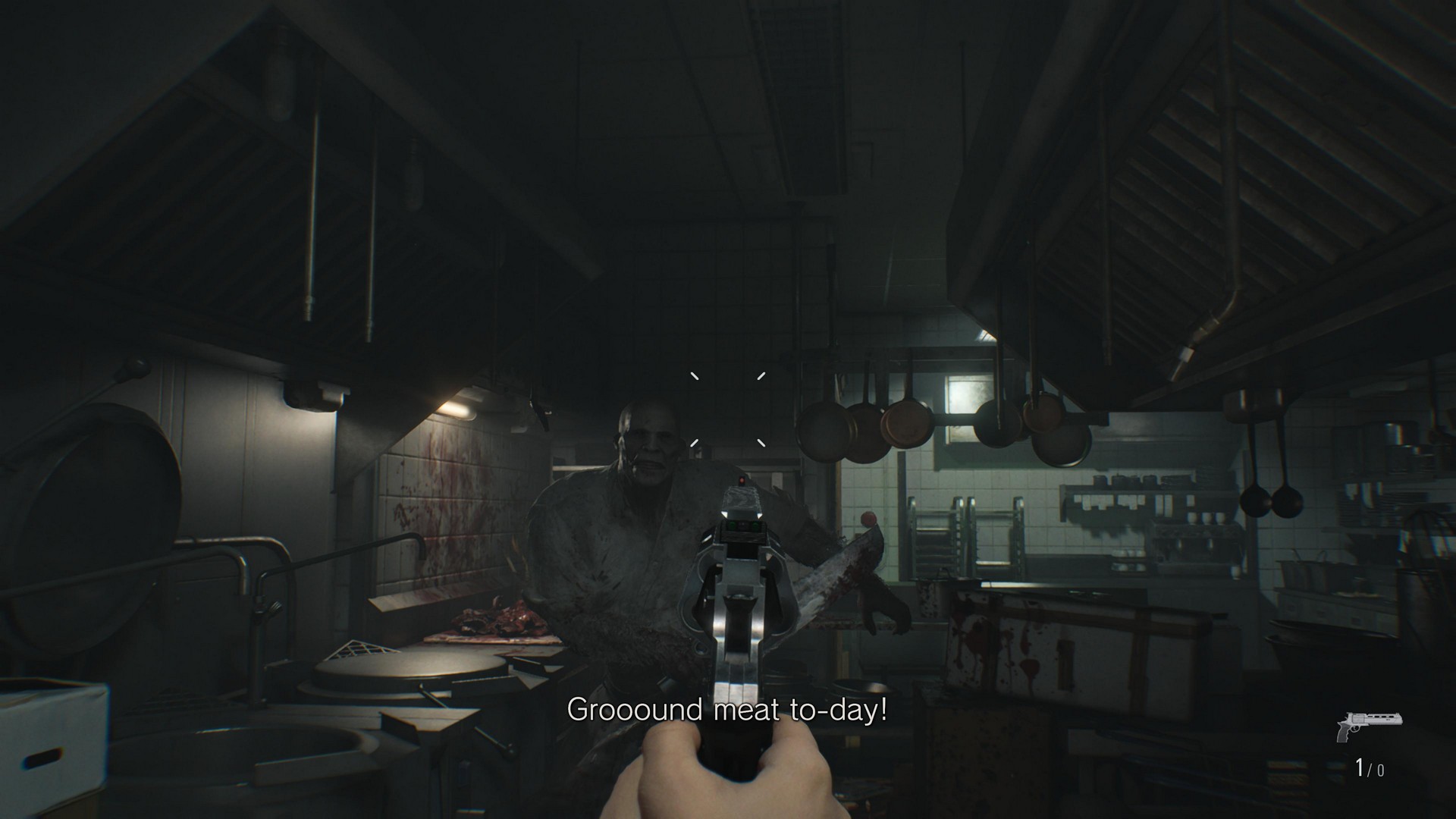 A zombie chef approaches Grace in Resident Evil Requiem, moaning about ground meat