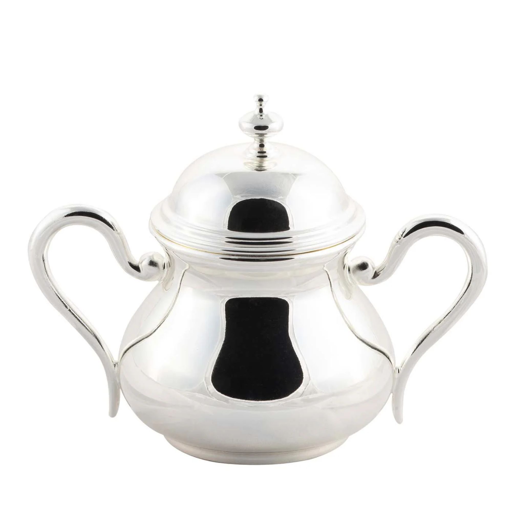 Silver sugar bowl with curved handles and lid