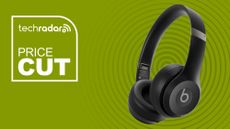 Beats Solo 4 in black on green background with price cut sign