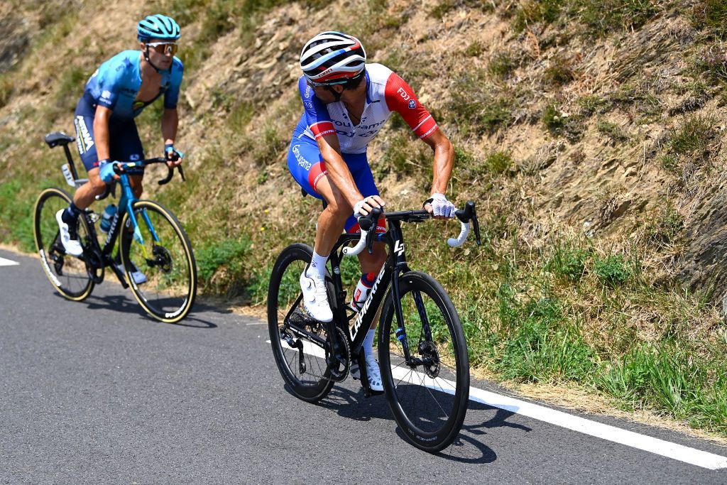 PEYRAGUDES FRANCE JULY 20 LR Alexey Lutsenko of Kazahkstan and Team Astana Qazaqstan and Thibaut Pinot of France and Team Groupama FDJ compete in the breakaway during the 109th Tour de France 2022 Stage 17 a 1297km stage from SaintGaudens to Peyragudes 1580m TDF2022 WorldTour on July 20 2022 in Peyragudes France Photo by Tim de WaeleGetty Images
