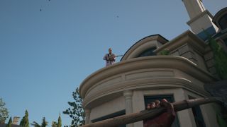 Dead Island 2 Curtis' safe key location - Curtis is brandishing a gun and standing on the roof of his mansion