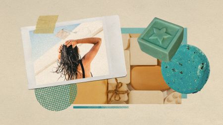 Photo collage of a woman washing her hair, a display of shampoo bars, and product shots of shampoo bars.