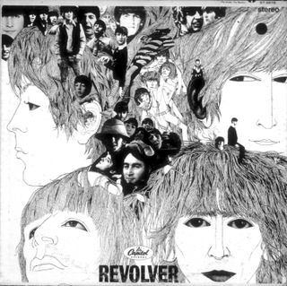 Album cover designed by artist Klaus Voorman for rock and roll band "The Beatles" album entitled "Revolver"