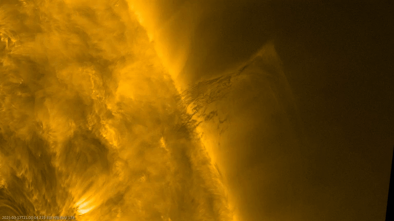 Close-up video of the sun, filling the left half of the view, its surface covered what looks like moving, glowing hairs accompanied by some short-lived bright arcs. Protruding to the right, in the centre of the video, is dark material that looks almost feathery, with thin streaks flowing both away from and towards the Sun.