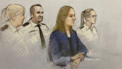A court sketch of Lucy Letby in the dock at Manchester Crown Court