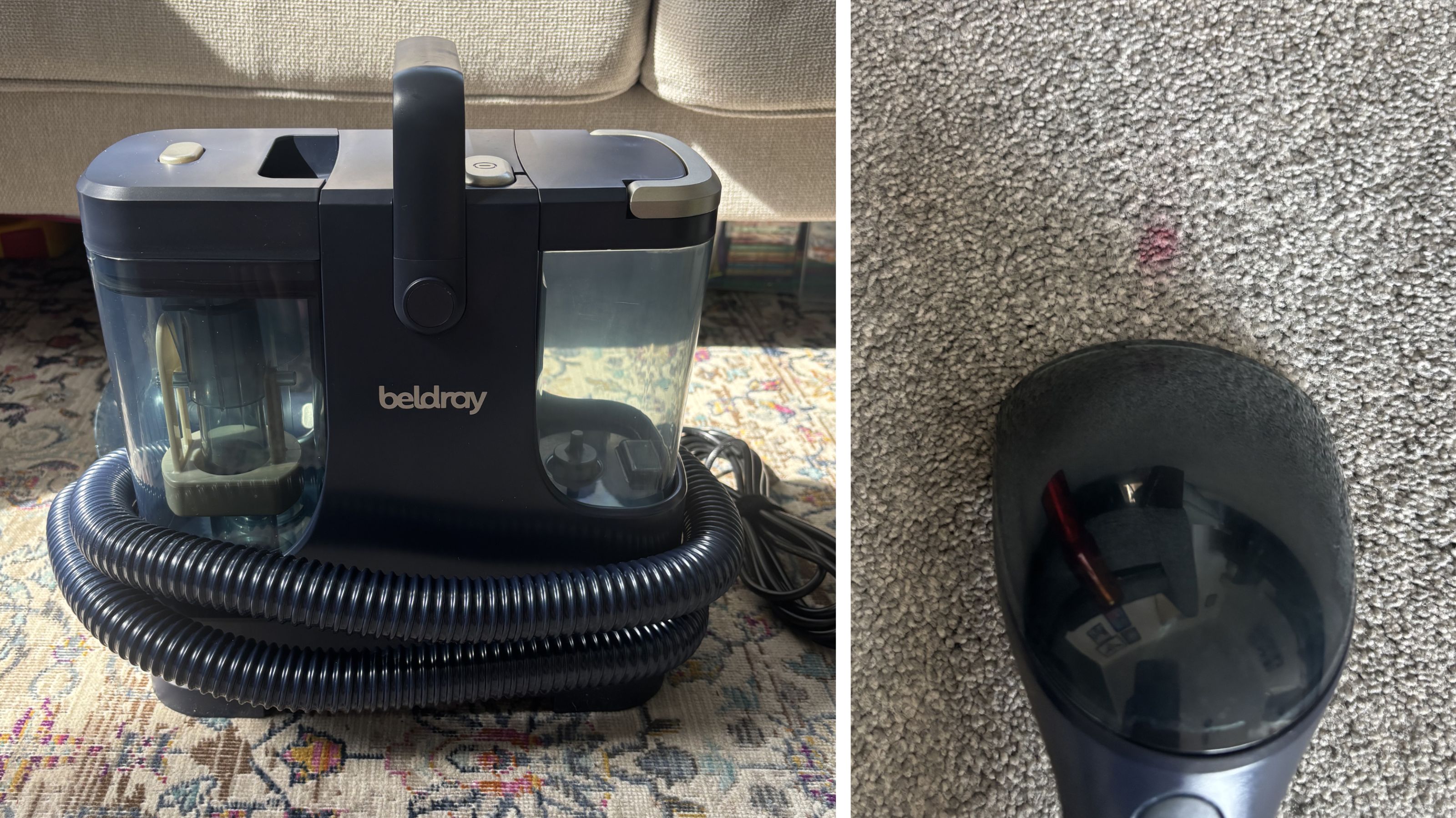 Beldray Spot Lift Pro Carpet Cleaner sitting on a rug, next to a picture of it cleaning a red stain on grey carpet