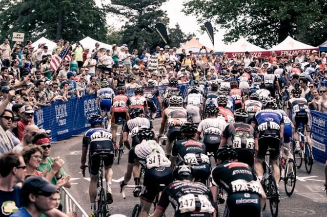 Riders make their way up Lemon Hill in front of a strong group of fans