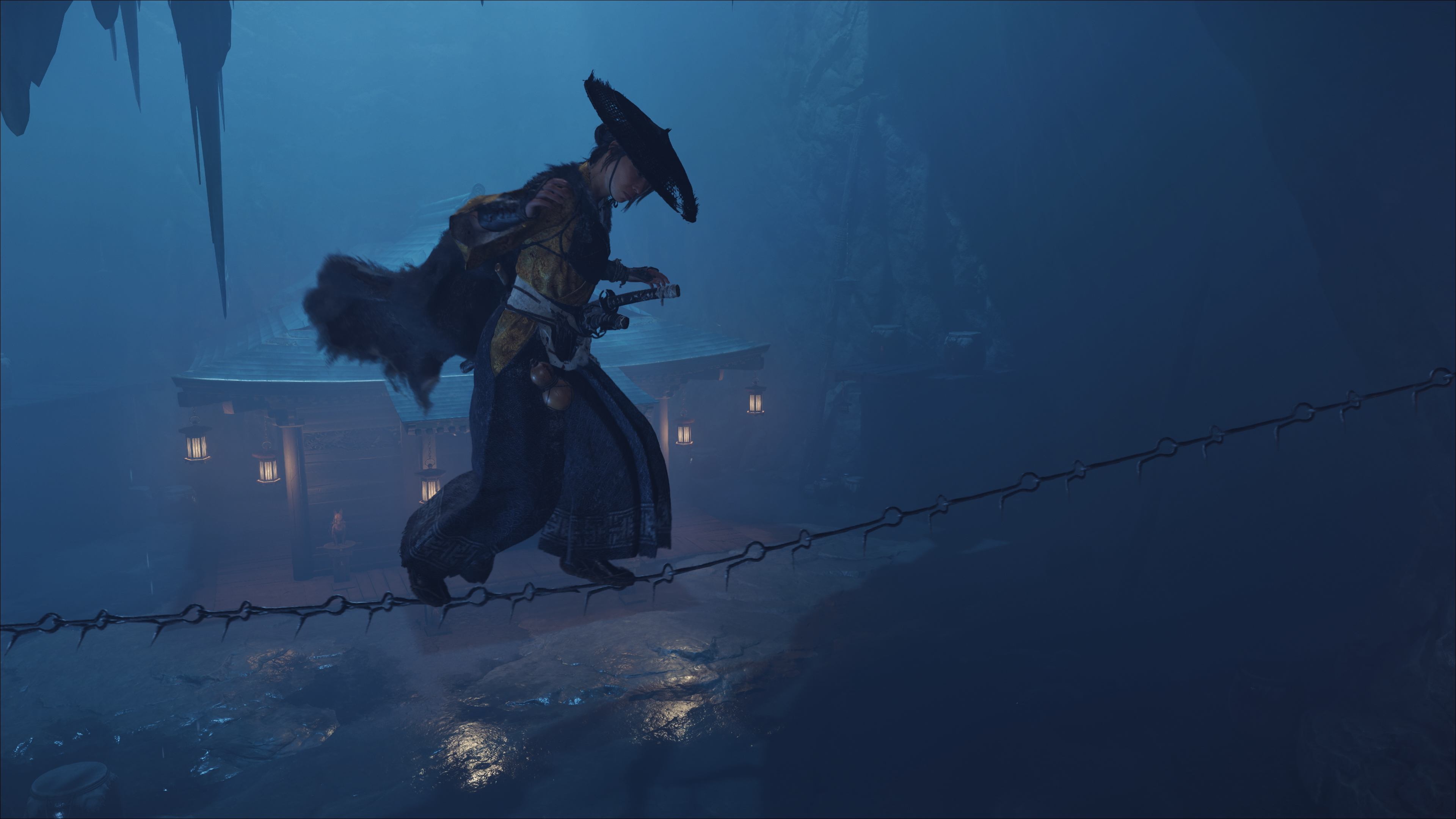 Ghost of Yotei's protagonist sneaking along a thin chain at night