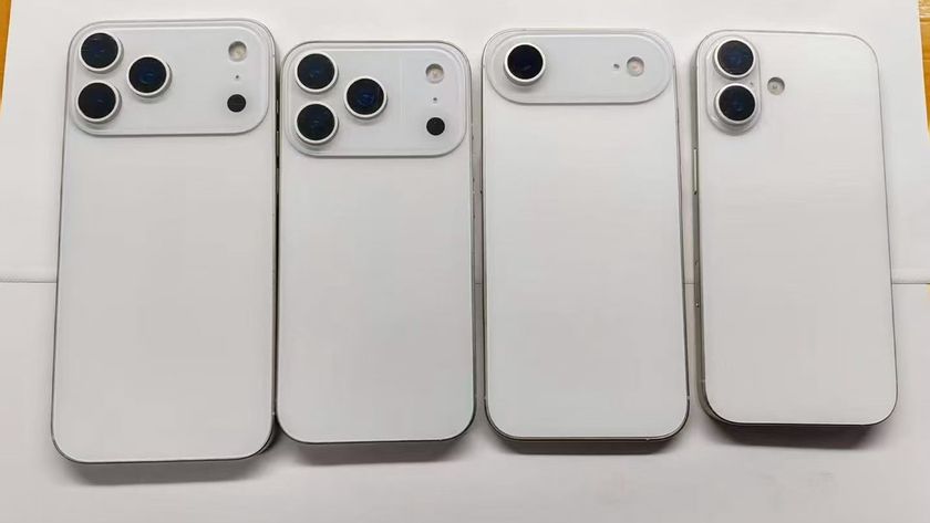 Alleged dummies for (L - R) the iPhone 17 Pro Max, iPhone 17 Pro, iPhone 17 Air and iPhone 17, in white