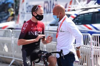 Chris Froome speaks to the CPA's Pascal Chanteur ahead of the final stage