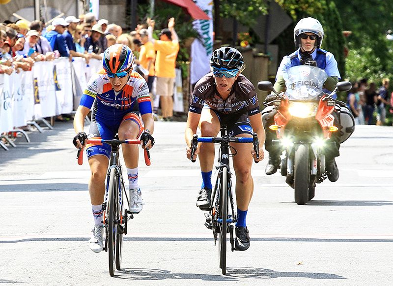 Samantha Schneider (ISCorp p/b Progress) and Emily Newsom (Fearless Femme Racing) out on their breakaway.