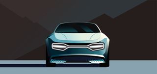 An illustration of Kia Imagine Concept EV: featuring Kia’s new ‘Digital Tiger Face’ and a curving glass roof extending from the windscreen