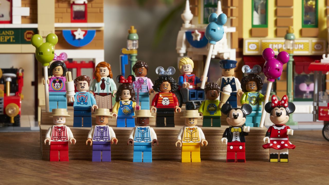 The minifigures in Lego Main Street USA, lined up