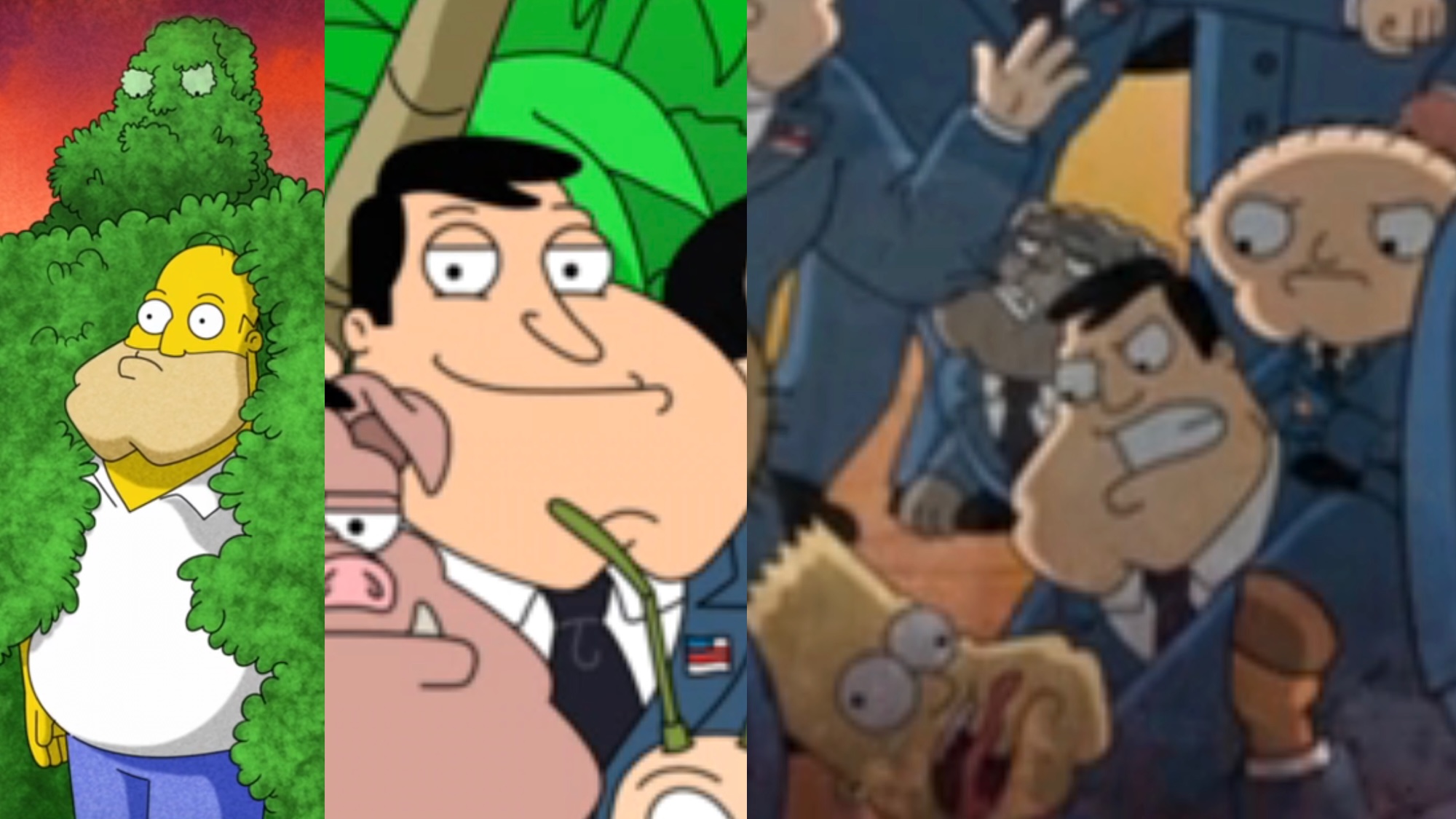 Stan Smith clones of Homer Simpson, Meme Bush, Quagmire, Bart Simpson, Stewie Griffin in American Dad Episode 400