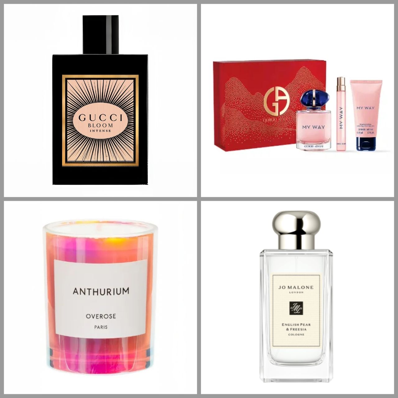 product collage of Armani My Way Eau de Parfum Gift Set, Gucci Bloom Eau De Parfum Intense, Jo Malone English Pear and Freesia Cologne, Overose Anthurium Holographic candle on white background with grey border