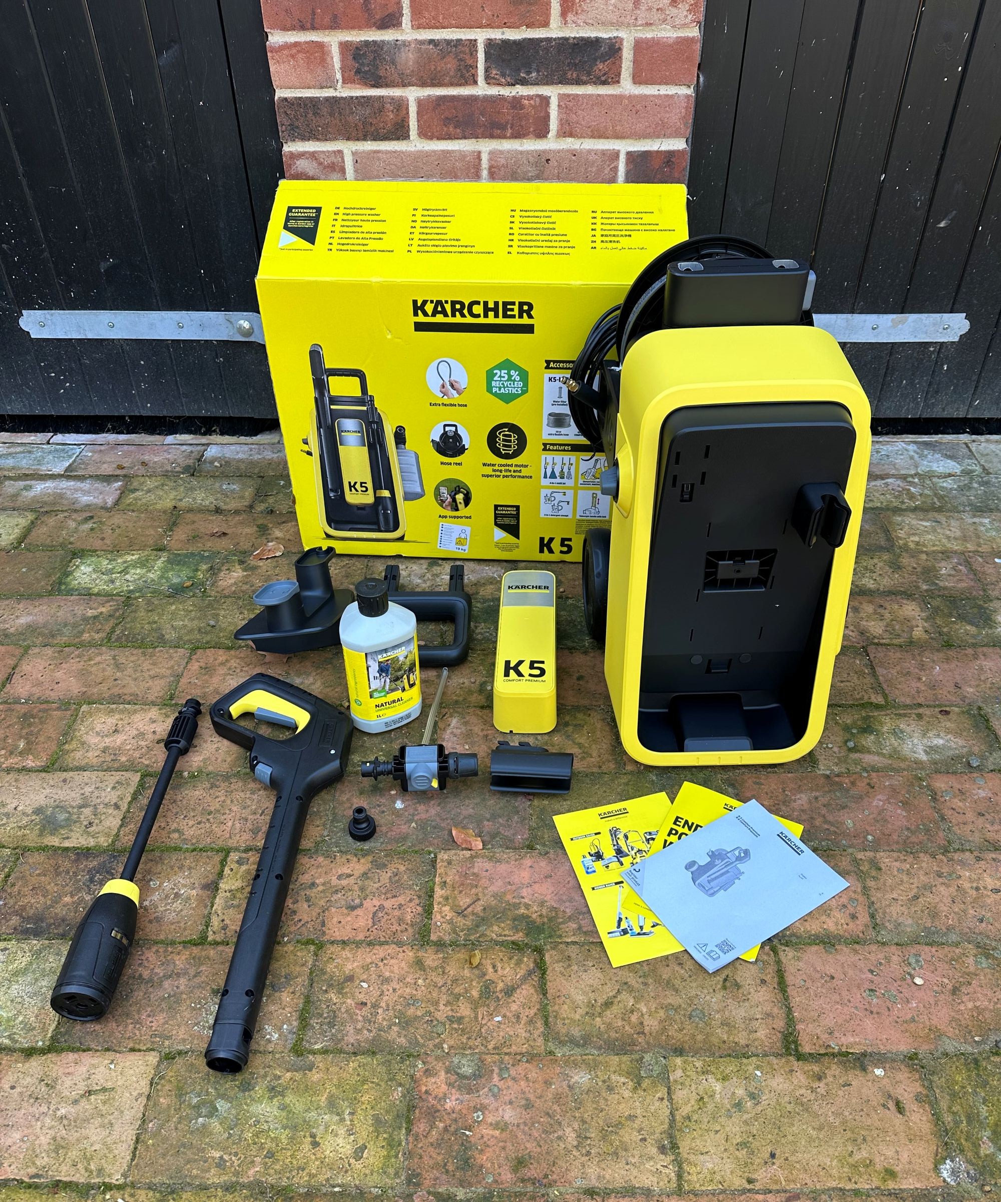 A yellow K&amp;auml;rcher K5 comfort premium pressure washer after unboxing and assembling